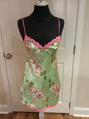 Betsey Johnson Green Floral Satin Chemise with Pink Lace Trim